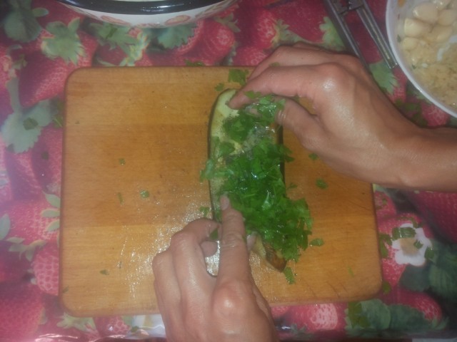 obzharennyj jazychok iz baklazhan posypannyj zelen'ju